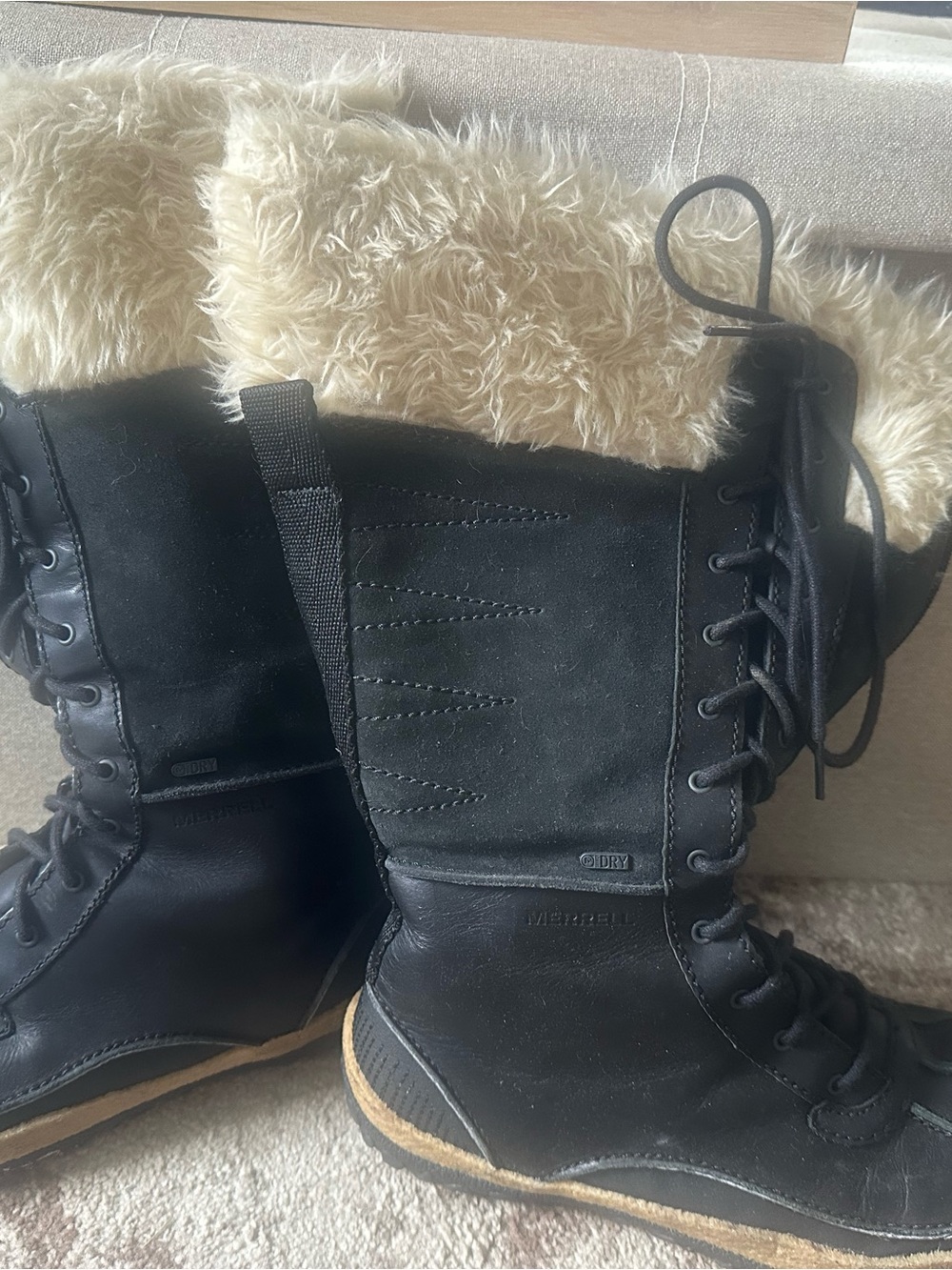 Merrell Black Women's Lace-Up Faux Fur Cuff Winter Boots